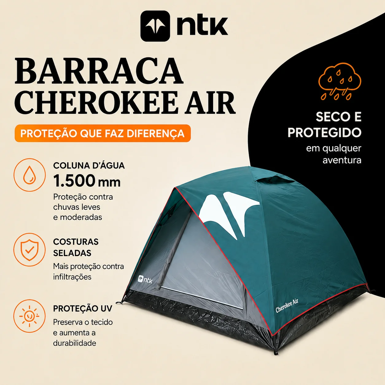 Barraca de Camping NTK Cherokee Air para 4 Pessoas Impermeável 1500mm