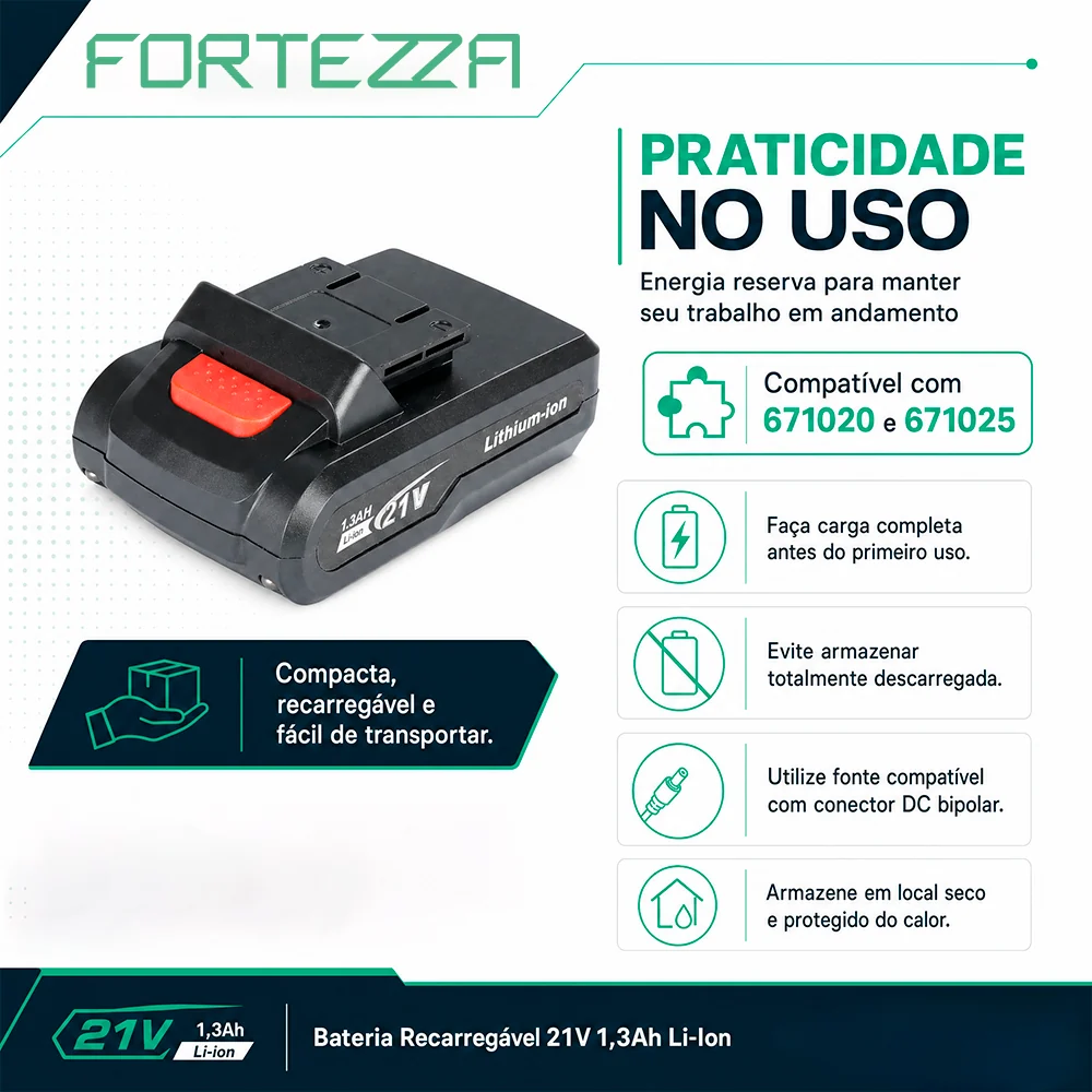Bateria Recarregável 21V P 1,3Ah Li-Ion para Ferramentas Elétricas Fortezza