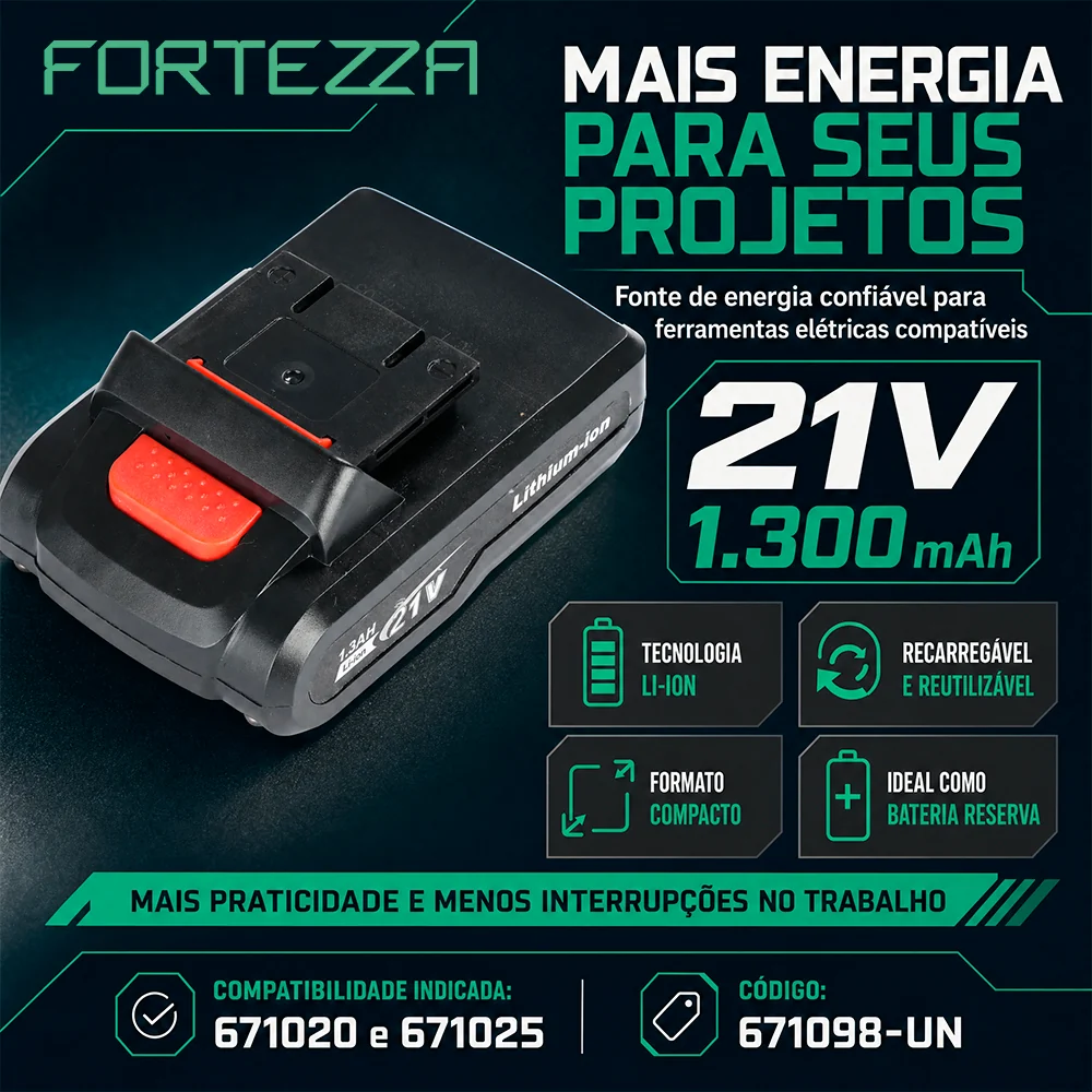 Bateria Recarregável 21V P 1,3Ah Li-Ion para Ferramentas Elétricas Fortezza
