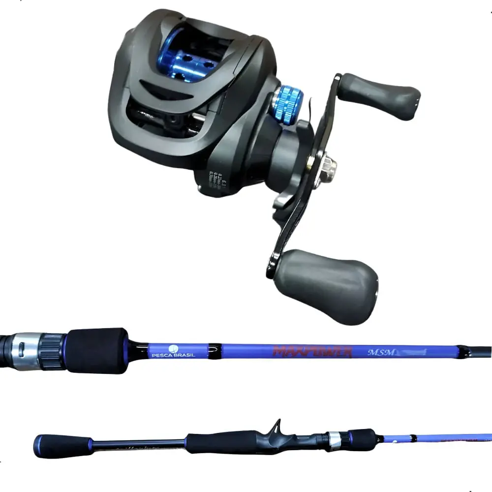 Combo Vara e Carretilha Maxpower Esquerda em Fibra de Carbono 1,80m Azul Pesca Brasil