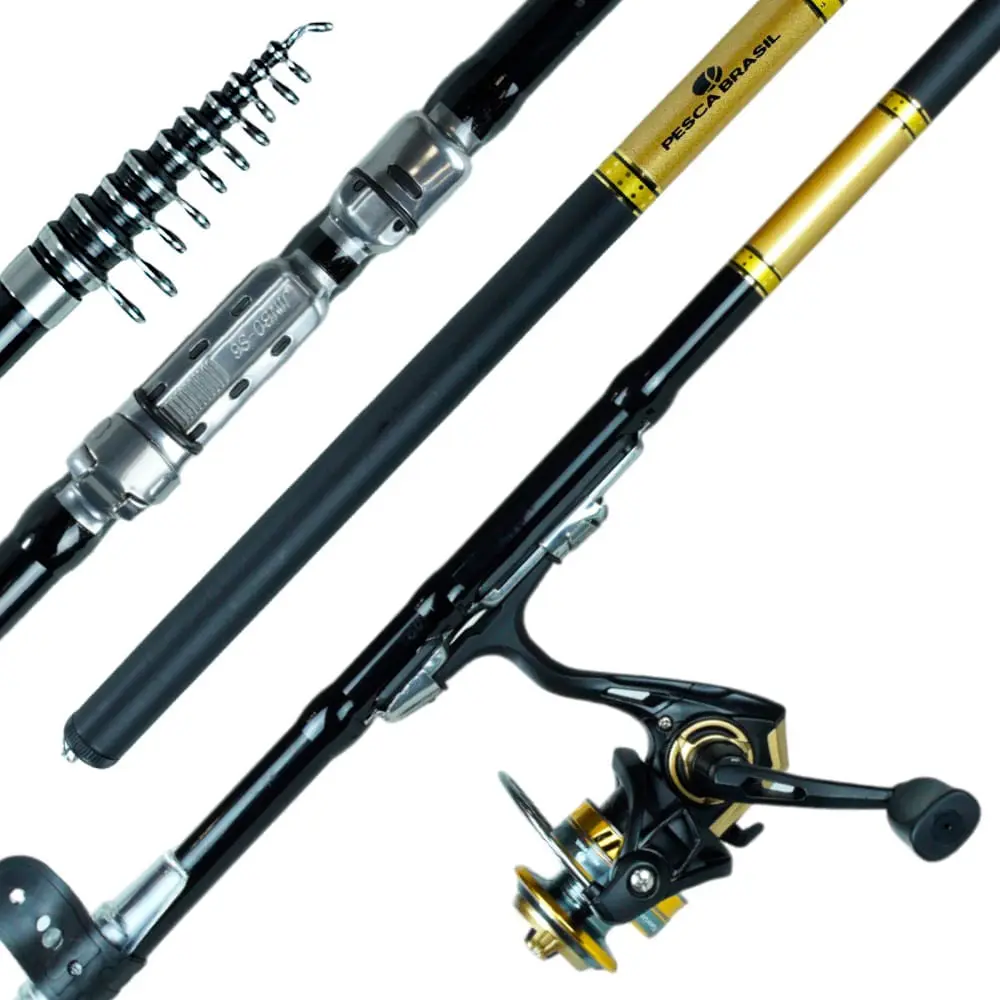 Combo Vara e Molinete Leaf Ultra Light Estrutura Telescópica 2,4m Pesca em Rios e Lagos Preto Pesca Brasil