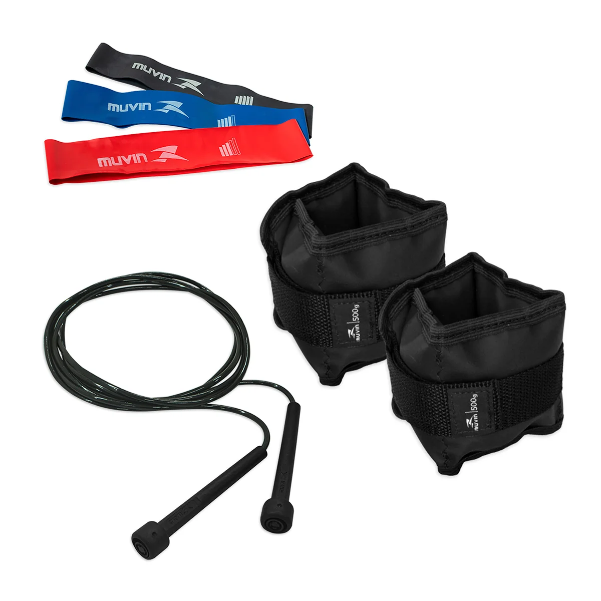 Kit Caneleira de Peso 0,5kg + Corda de Pular + Kit Mini Band 3 Tensões