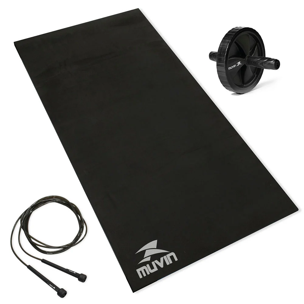 Kit Corda de Pular Ajustável + Roda de Exercícios Abdominais + Colchonete em EVA
