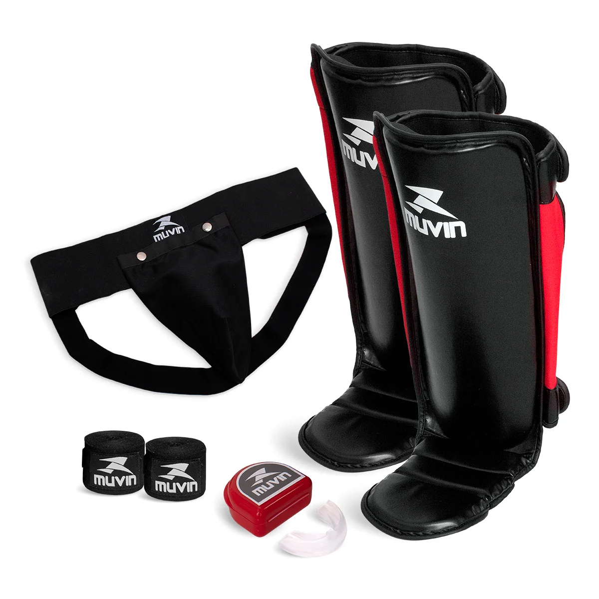 Kit Proteção Coquilha com Cinta + Bandagem Elástica - 500cm x 5cm + Protetor Bucal Profissional + Protetor de Canela e P