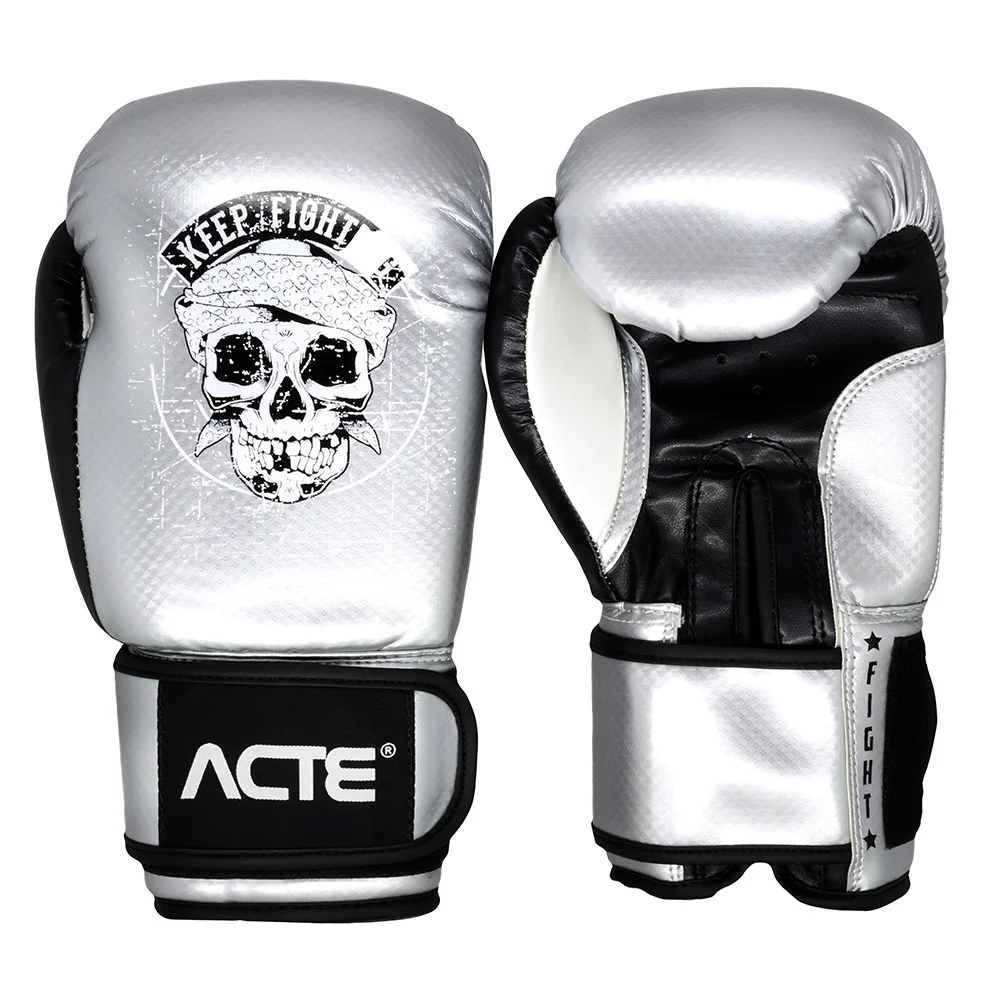 Luva Premium de Boxe e Muay Thai, Prata, Caveira, em PU, Tamanho 12oz, P14-12, Acte Sports