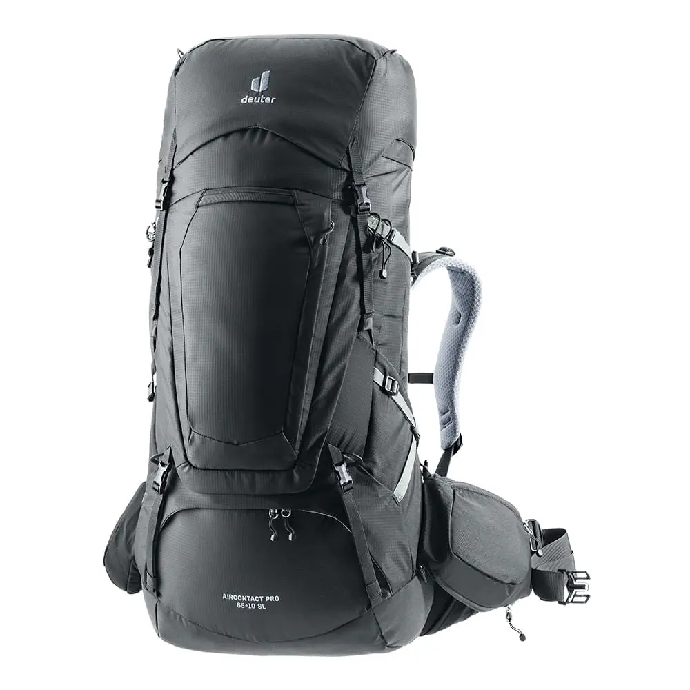 Mochila para Trekking 65+10L Aircontact Pro Deuter com Capa de Chuva, Bolsos Expansíveis e Compartimento de Hidratação