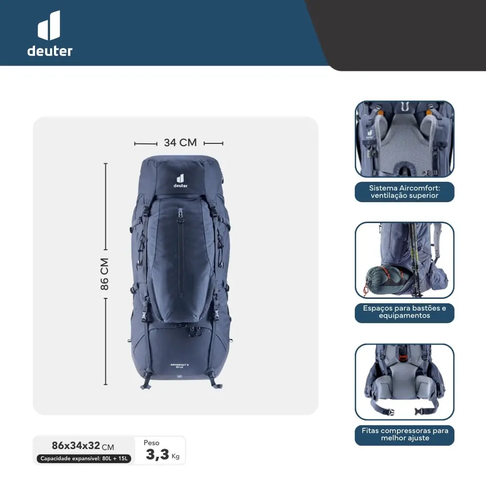 Mochila para Trekking Aircontact X 80+15 Deuter