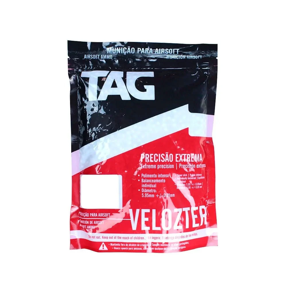 Munição BBs Airsoft TAG Velozter 0,28g 6mm – Pacote com 3500 Unidades