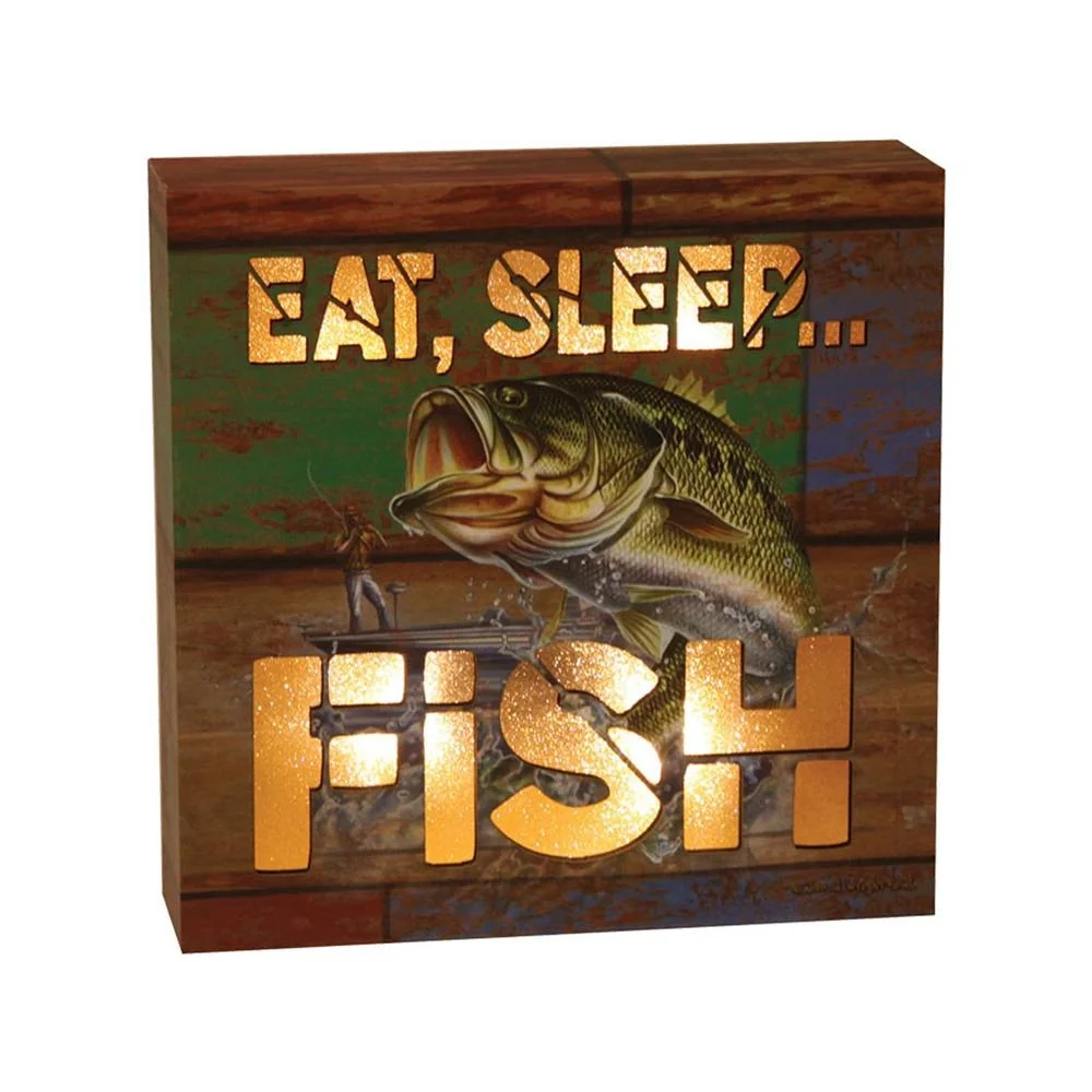 Quadro decorativo NTK iluminado com temática de pesca na medida de 15cm Eat sleep fish